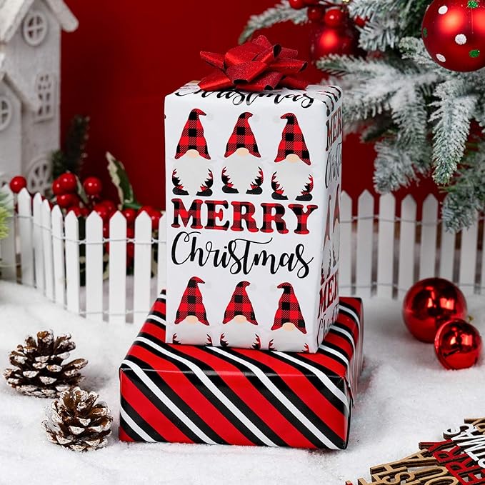 MAYPLUSS Christmas Wrapping Paper Roll, 17 Inch X 16.5 Feet Gift Wrapping Paper Featuring Gnome Merry Christmas Reversible Strip, Thick Wrap Paper for Holiday Party New Year Kids