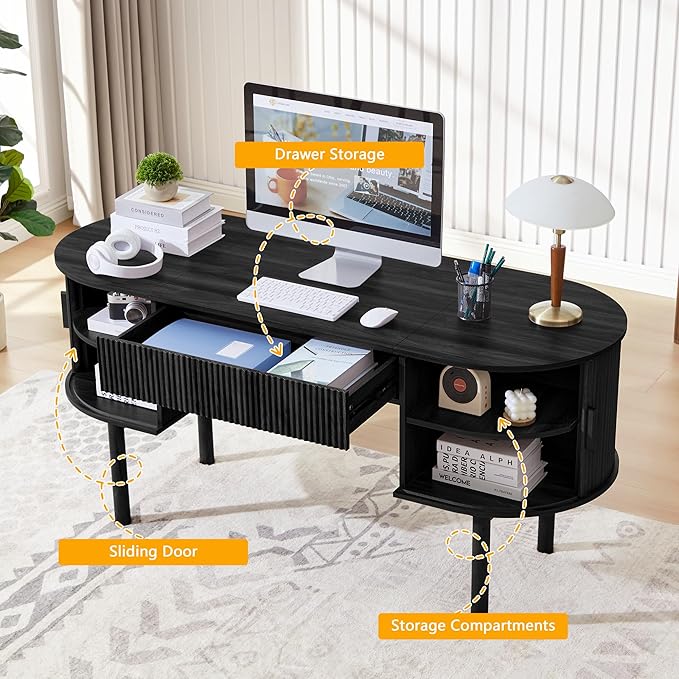 Home Office Oval Desk with Sliding Tambour Door and Drawer, Modern Fluted Wood Executive Computer Storage Desk for Study, Living Room, Bedroom, Office - Black