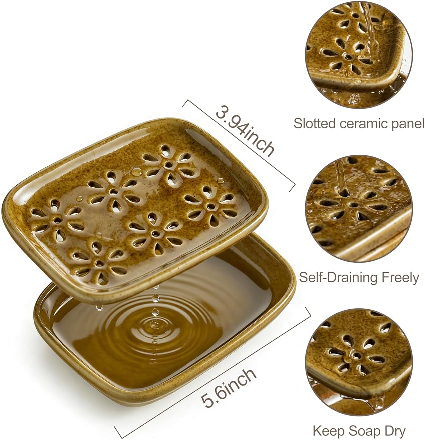 Miamolo 2 Layer Soap Dishes for Shower with Drainage, Large Bar Soap Holder for Bathroom Kitchen Sink Bathtub, Removable Slotted Design for Self Draining Non-Slip Base, Dishwasher Safe, Yellow