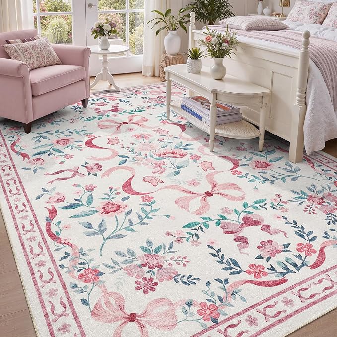 DCX Washable 9x12 Bow Rug, Pink Floral Rug for Girls’ Bedroom, Cute Soft Low Pile Indoor Décor Carpet, Kid & Pet Friendly Nursery Rug for Living Room, Dorm, Playroom