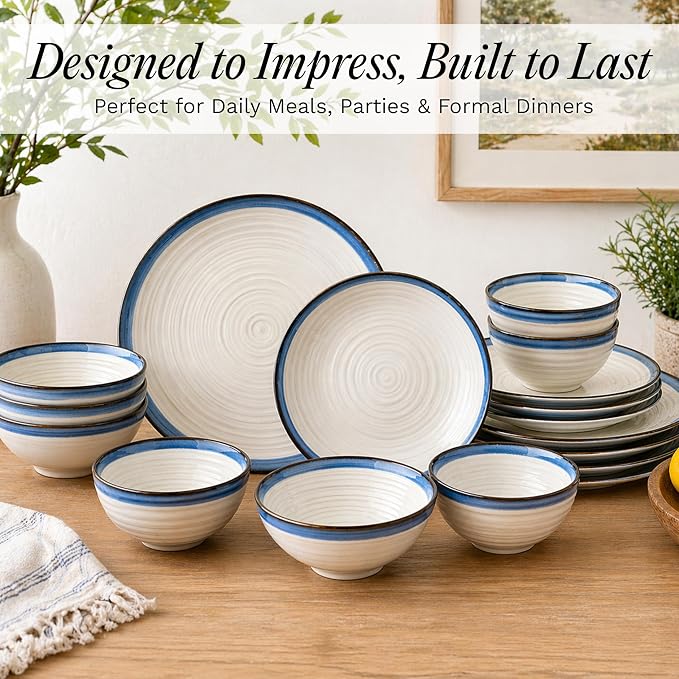 Sango Siterra Santorini 16-Piece Stoneware Dinnerware Set for 4, Ceramic White Plates and Bowls Sets with Blue Rim & Reactive Glaze, Chip Resistant Dish Set, Microwave & Dishwasher Safe Kitchen Dishes