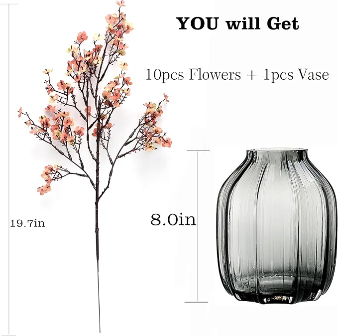 JAKY-Global Babys Breath Silk Artificial Flowers Bulk With Vase 10pcs for Fall Decor Fake flower bouquet Home Kitchen Indoor Bouquet Floral Arrangement Table Centerpieces Decor(Beige Brown Vase)