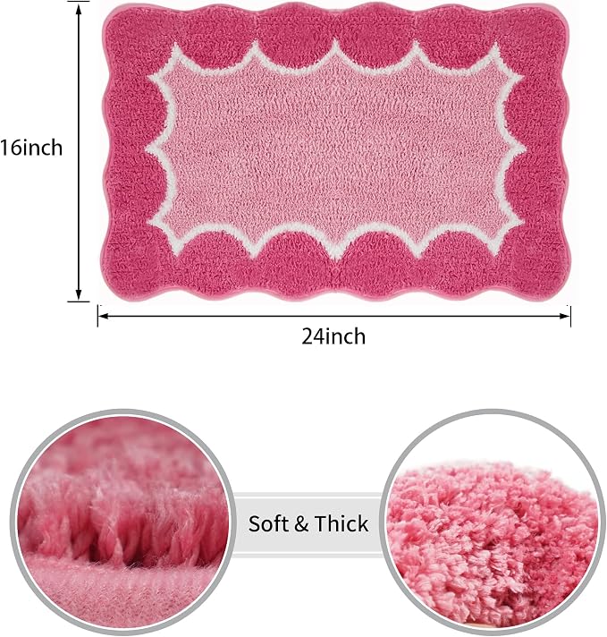 Cute Scalloped Rose Pink Small Bathroom Rugs Mat,Non Slip Absorbent Quick Dry Bath Mats for Shower Room,Microfiber Bath Rug for Floor Washable Carpet for Shower Tub Sink Bedroom,16"x24"