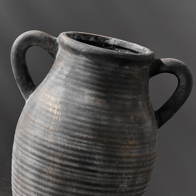 Large Ceramic Rustic Vase with 2 Handles, 9.8 inch Farmhouse Flower Vase, Minimalist for Home Decor, Living Room, Shelf Decor, Pampas Grass, Enterway, Table Decoration, Gift, Bronze