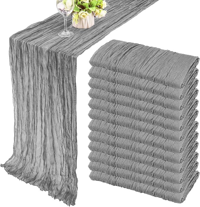 Fivenl 12 Pack Cheesecloth Table Runner 35x72 Inch Boho Gauze Table Runner Rustic Cheese Cloth Long Table Runner Romantic Table Runner for Wedding Bridal Shower Birthday Party Table Decor (Gray)