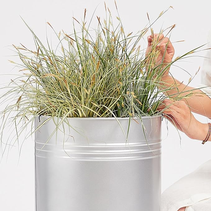Worth Garden Galvanized Steel Planter 2-Pack - Large:28"x14.5" & Small:24"x12" - Tall Metal Plant Pots - Large Handcrafted Decoration Flower Pot for Indoor Outdoor, Deck, Patio, Front Porch - Silver