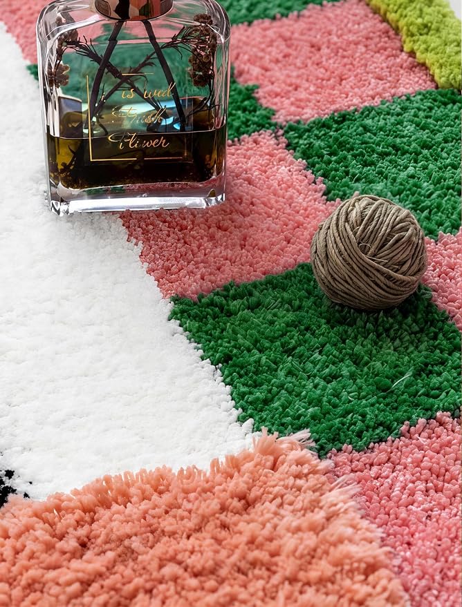 Colorful Funky Checkered Vintage Eclectic Maximalist Unique Fun Bathroom Rugs, Colorful Retro Checkered Funky Bath Mat, Dopamine Bathroom Home Room Decor (19.6"X31.4")