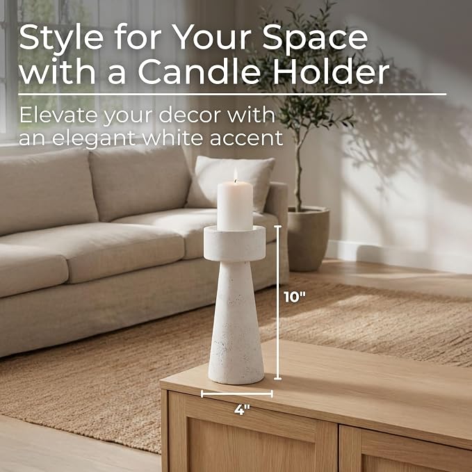 Pottery Candle Holder – Table Decor for Candlesticks Holders and Pillar Candles, Dining or Living Room Placement, Modern Taper Candle Holders Design Home Decor Accent – 10", White