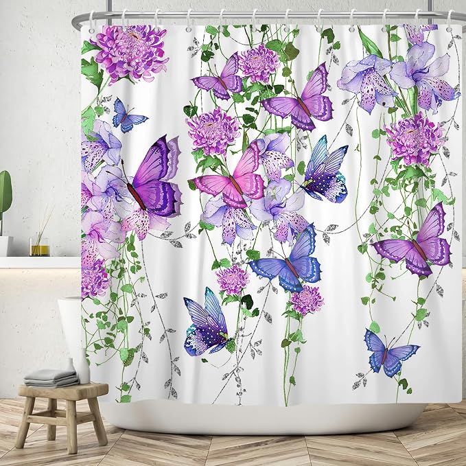 Violet Butterfly Floral Shower Curtain Spring Lavender Shower Curtain Lilac Pink Floral Bathroom Decor Waterproof Polyester Fabric with 12 Hooks,72x78 Inches