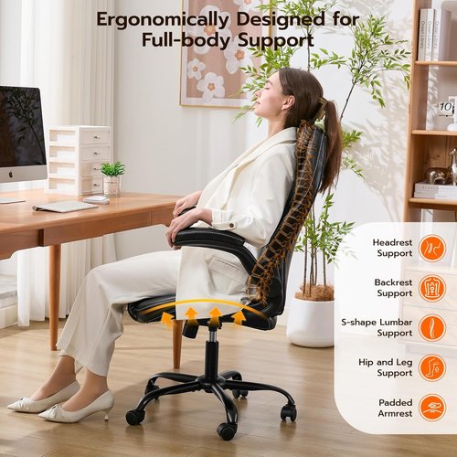 Regine Switzerland Ergonomic Office Desk Chair - Padded Flip-Up Arms & Adjustable Lumbar Support | PU Leather, 360° Swivel