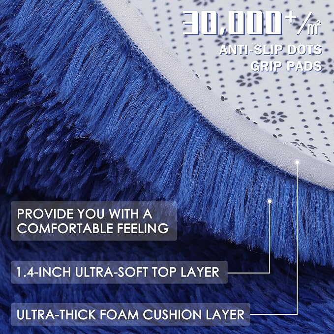OLANLY Navy Blue Round Rugs for Bedroom - Machine Washable, 3 ft Circle Area Rugs for Living Room, Soft and Fluffy Shaggy Carpet for Teen Girls and Boys, Nursery Rooms, Dorms, Home Decor Aesthetic