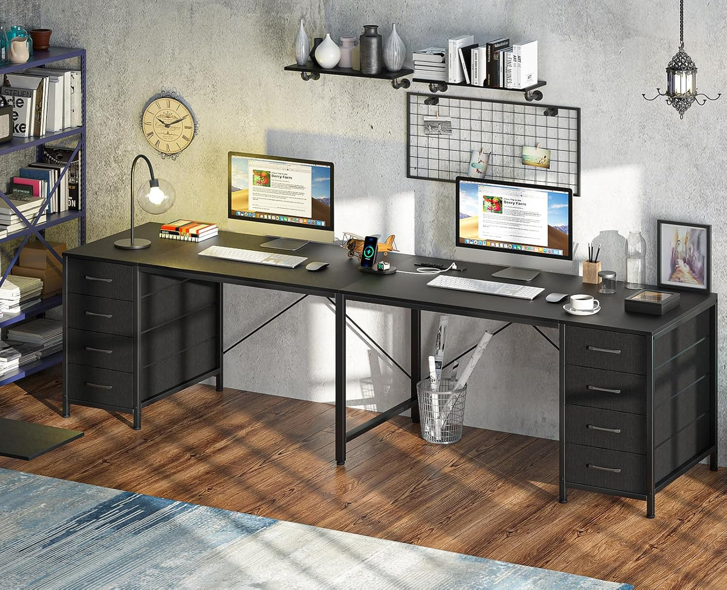 TVU 95 | Large 2-Person Writing Desk with 8 Drawers & Outlets - I-Shaped Home Office Workstation