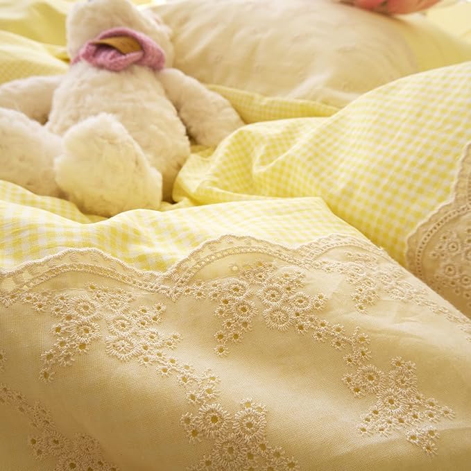 LifeTB Yellow Gingham Duvet Cover Queen 3 Pieces Romantic Lace Comforter Cover Soft Microfiber Cream Yellow Grid Duvet Cover Farmhouse Plaid Checkered Comforter Cover Grid Gingham Bedding Set