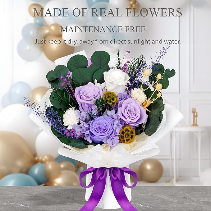 Perfectione Roses 4 Roses Mixed Bouquet for Mother's Day, Flowers for Delivery, Preserved Flowers Birthday Gift for Women Mom Wife Grandma Her, Light Purple