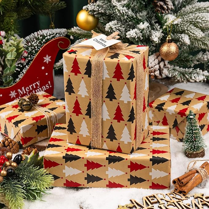 MAYPLUSS Kraft Trees Christmas Wrapping Paper - 17 Inch X 33 Feet - Minimalistic Little Red Black White Trees Kraft Recyclable Winter Holiday Gift Wrap Paper for Party, DIY Crafts & Festive Decoration
