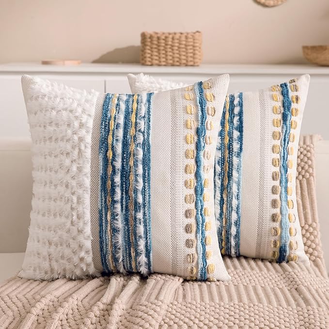 KOOLIFE Boho Chenille Tufted Couch Throw Pillow Covers 18x18 Inch Set of 2 Farmhouse Striped Decorative Pillow Covers Accent Neutral Square Pillowcase Blue Cushion Covers for Livingroom Sofa Bed