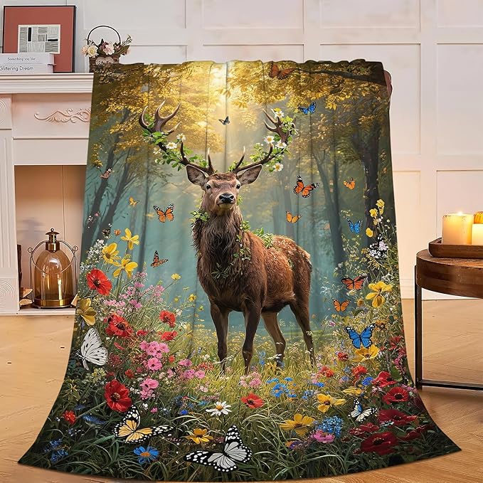 Forest Deer Blanket Hunting Elk Throw Blanket Wildlife Soft Cozy Fleece Fuzzy Stuffed Plush Flannel Gifts for Girls Women Boys Kids Adults 40''x50''