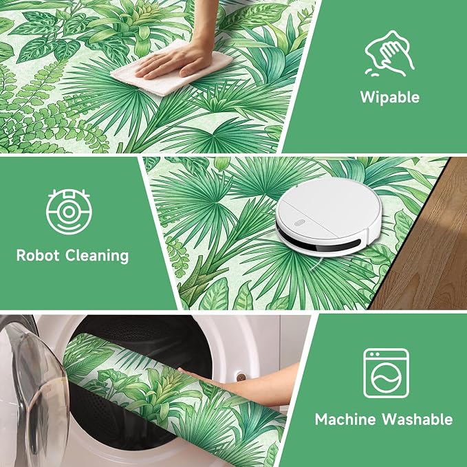 Tropical Leaves Area Rug 5'x7' Green Botanical Palm Fern Leaf Rug Non Slip Washable Indoor Floor Mat for Bedroom Living Room Nursery Kitchen Playroom Home Decor