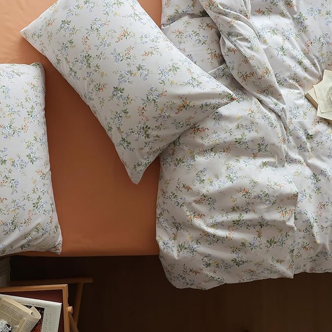EAVD Vintage Style Garden Floral Duvet Cover Full Soft Cotton Chic Shabby Floral Pattern Bedding Set with 2 Pillowcases Fresh Botanical Comforter Cover with Zipper Closure