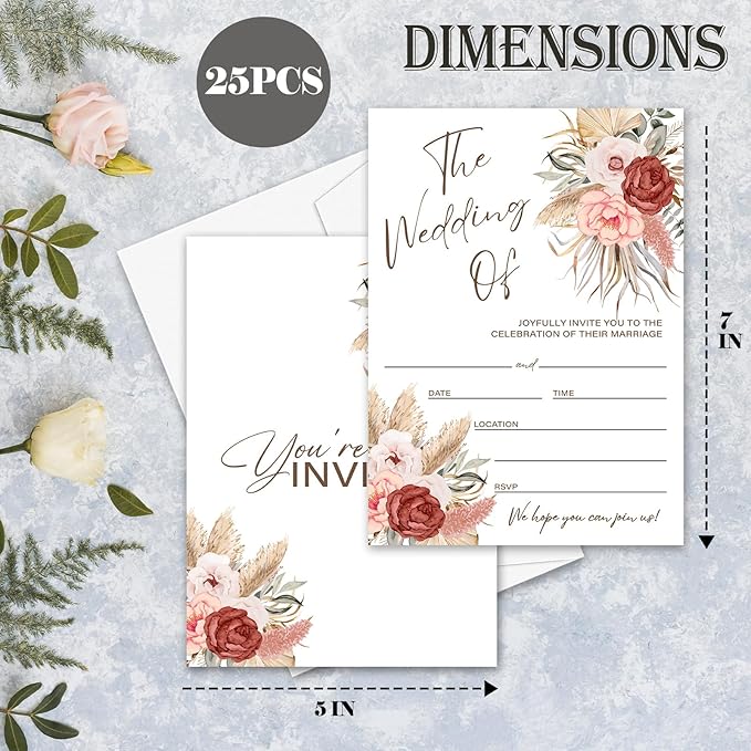 Boho Pampas Grass Wedding Invitations, 5"x 7" Floral Wedding Invites Card With Envelopes, 25 PCS for Party Decorations and Supplies - A07
