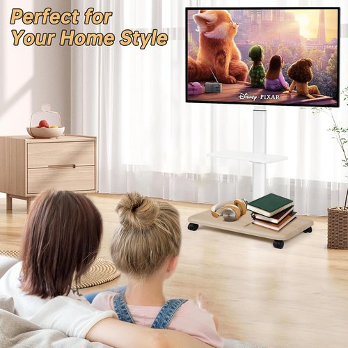 Hellsehen Rolling TV Stand - Height Adjustable Mobile Cart for 32-70 Inch Screens | Lockable Wheels & Laptop Shelf - White