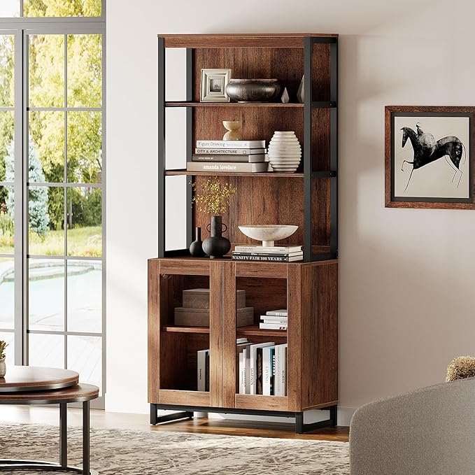 WAMPAT Modern 72" Tall Bookcase with Glass Doors and Adjustable Shelves, Library Book Shelf with Storage Cabinet and Open Book Shelfs, Wood Bookshelf for Home Office, Living Room, Brown