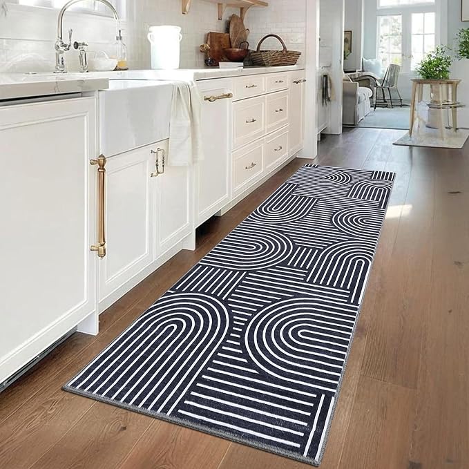 GAOMON Washable 2x6 Abstract Lines Rug Runners Non Slip Bathroom Rugs Non Shedding Blue Rug Low Pile Soft Bedside Rugs Modern Rainbow Runner for Hallway Porch Laundry Room Dining Table Under, Blue