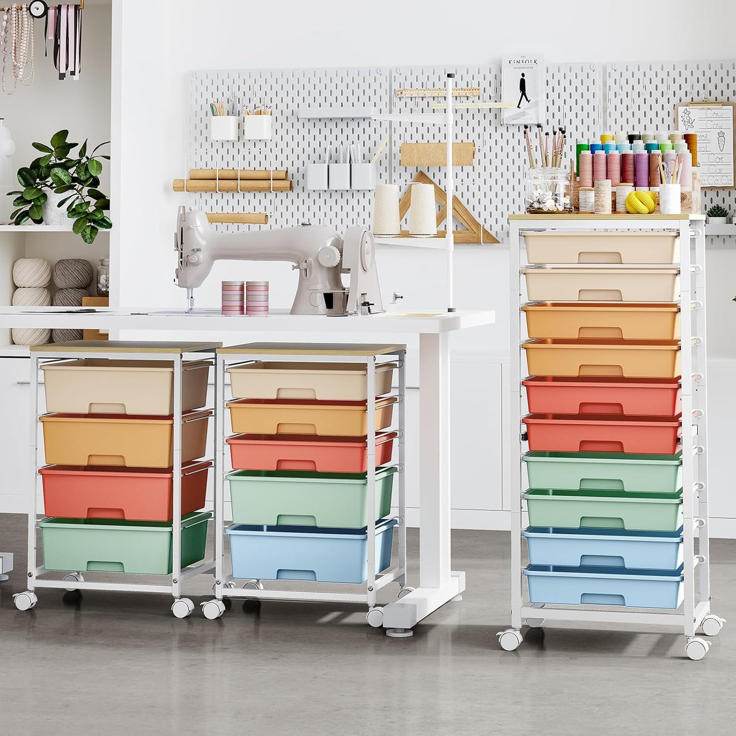 SYKIARIOL Rolling Cart - 10 Drawer Utility Storage Cart with Wheels & Wooden Tabletop | Rainbow Color