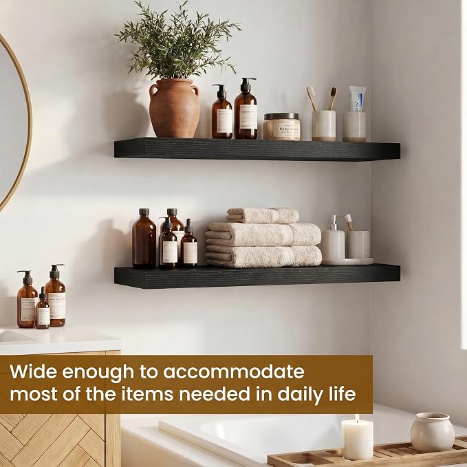 Dreamland Floating Shelves, Rustic Wooden Black Wall Shelves for Bathroom|Bedroom|Kitchen, Deep Wall Mounted Book Shelf, Wood Storage Display Shelf for Home Decor, 22.5" X 6.7" Set of 2