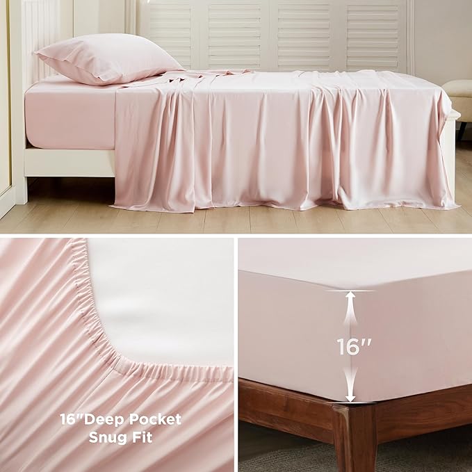 Bedsure Cooling Sheets Twin XL, Rayon Derived from Bamboo, Breathable & Soft Twin XL Sheet Sets, Deep Pocket Up to 16 Inches, Hotel Luxury Silky Dorm Bedding for Hot Sleepers, Pink
