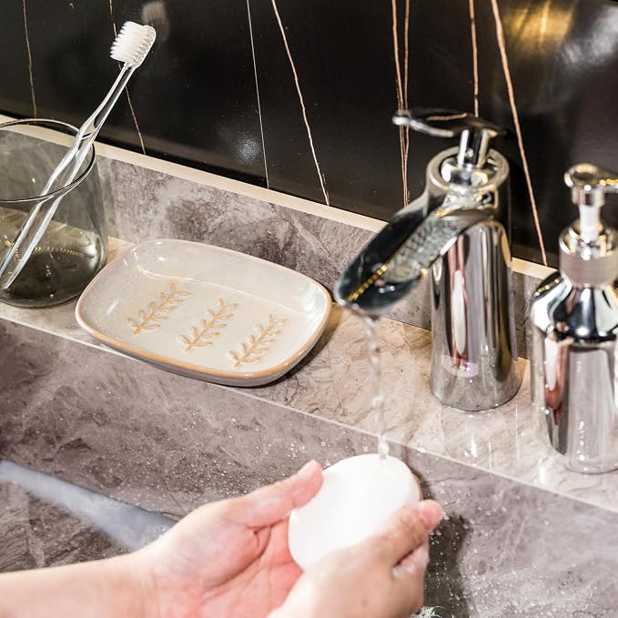 Miamolo Ceramic Soap Dish Soap Holder, Soap Lift for Bar Soap Sponge, Shower Soap Dishes for Bathroom Kitchen Counter Soap Saver Tray Keep Dry, Dishwasher Safe (Pack of 2)