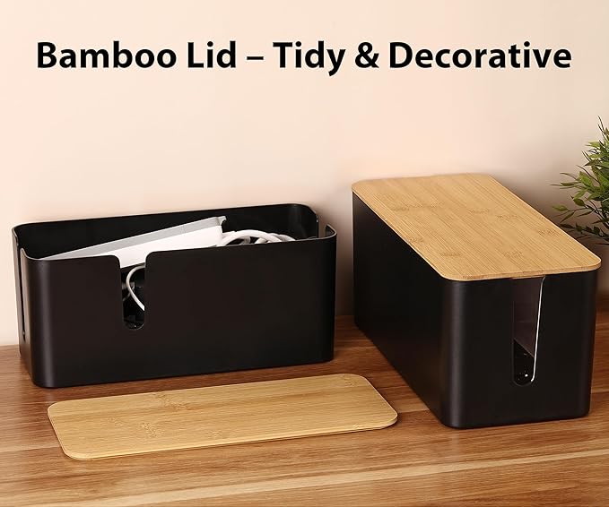 ZhiYo Bamboo Lid Cord Organizer Box, 2Pack Large Cable Management Box, Safe ABS Wire Organizer for TV and Computer, Wood Cover Cord Hider to Hide Wires, USB Hub & Under Desk Power Strip, Black