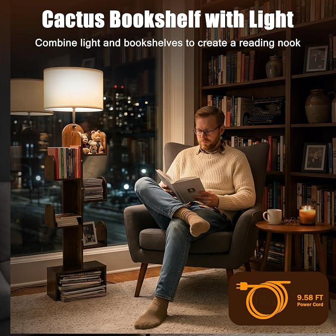 Cactus Tree Floor Lamp with 3-Color Dimmable Lighting, 5-Tier Wood Bookshelf, 58" Tall Space-Saving Organizer Shelf for CDs/Movies/Books, Ideal Small Space Solution for Living Room/Bedroom/Home Office