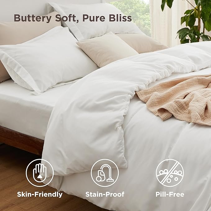 Bedsure Duvet Cover with Fitted Sheet Queen - Warm Deep Pocket, Hotel Luxury Soft Double Brushed Bedding Set with Zipper Closure, 1 Duvet Cover, 1 Fitted Sheet, 2 Pillow Shams, NO Comforter, White
