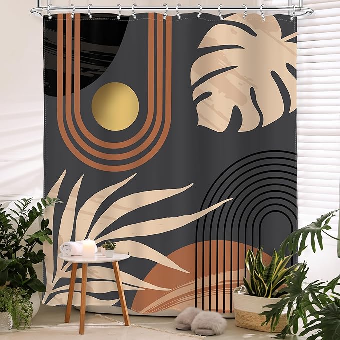 Glawry Black Boho Mid Century Shower Curtain Abstract Beige Leaves Minimalist Simple Aesthetic Arch Sun Modern Bathroom Botanical 60Wx72L Inches Bath Accessories Art Home Decor Fabric 12 Pack Hooks