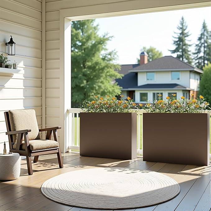 Casaphoriar Metal Planter Box 36"x9"x28", Rectangular Planter with Inner Shelf and Drainage Holes, Perfect for Outdoor Patio and Balcony Decor, Brown