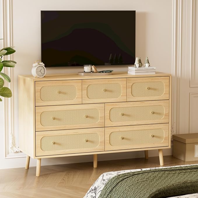 SINROM® Rattan Dresser for Bedroom, Farmhouse Dresser 7 Drawer for Bedroom, Wide Chest of Organizer Storage Drawers for Living Room, Hallway, Entryway