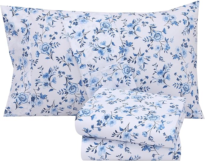 RUVANTI 100% Cotton Twin Sheets Set, 3 Pieces, Soft & Breathable Percale Weave Bedding, Deep Pocket 16", Hotel Standard, Crisp Cool Feel, Durable, Perfect Floral Bed Sheet, Annual