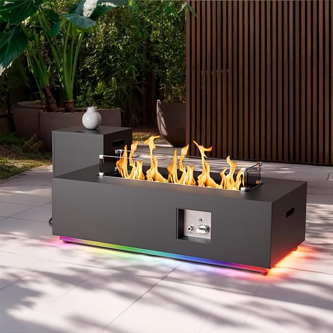 2-Piece 42" LED Rectangular Propane Fire Pit for Outside Patio with Hidden Tank Table, 50,000 BTU Fireplaces with Glass Wind Guard, Lid, Glass Rocks, Cover(Black w/RGB Light)