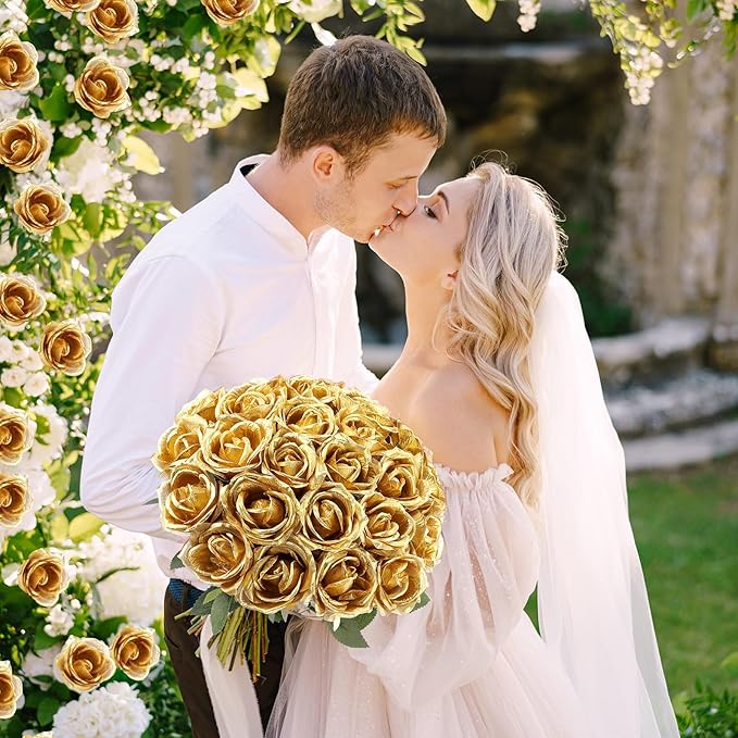 30 Pcs Rose Artificial Flowers in Bulk Real Touch Long Stem Silk Roses Bouquets Realistic Faux Flowers for Wedding Bridal Shower Home Decor Floral Arrangements Table Centerpiece(Gold)