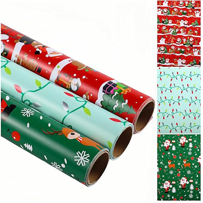 Miss DuiDui Green Red Christmas Wrapping Paper, 3 Rolls, 17 inch x 9.8 ft, Holiday Santa and Reindeer Design for Girls Kids Boys, Christmas, Party, Holiday
