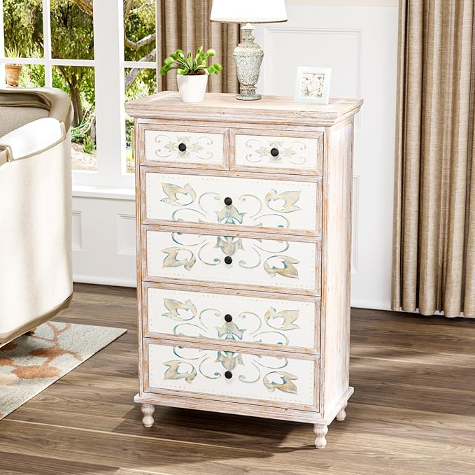 VINGLI Dresser Wood Chest of Drawers for Bedroom, Tall Dresser 6 Drawer Chest Boho, Wooden Dressers with Drawers and Solid Wood Legs, Rustic Washed White