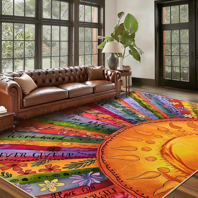 Likiyol Sun Rugs for Living Room 6x9 Area Rug, Non Slip Washable Rugs for Bedroom Soft Faux Wool Inspirational Living Room Rug, Large Carpet Low Pile for Dining Room, Home Office Decor