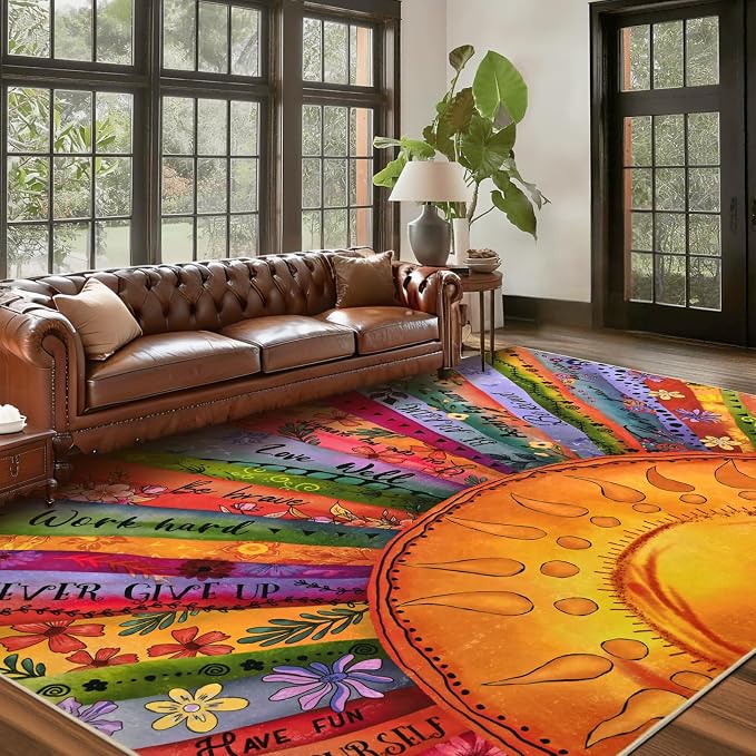 Likiyol Sun Rugs for Living Room 9x12 Area Rug, Non Slip Washable Rugs for Bedroom Soft Faux Wool Inspirational Living Room Rug, Large Floor Carpet for Bedroom, Dining Room, Home Office