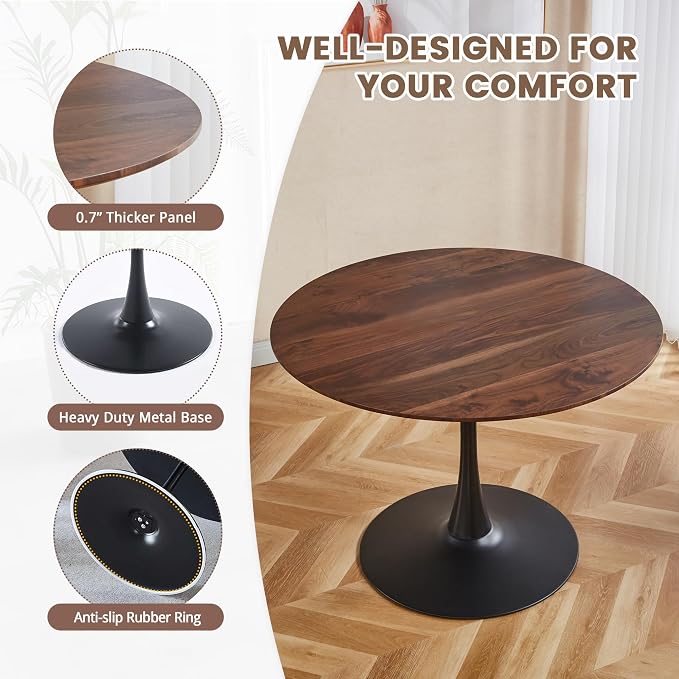 5-Piece Round Dining Table Set,42" Mid-Century Modern Kitchen Table with 4 Chairs,Tulip Pedestal Table & Solid Wood Legs,Space Saving Compact Furniture for Small Spaces Apartment Home,Walnut/Black