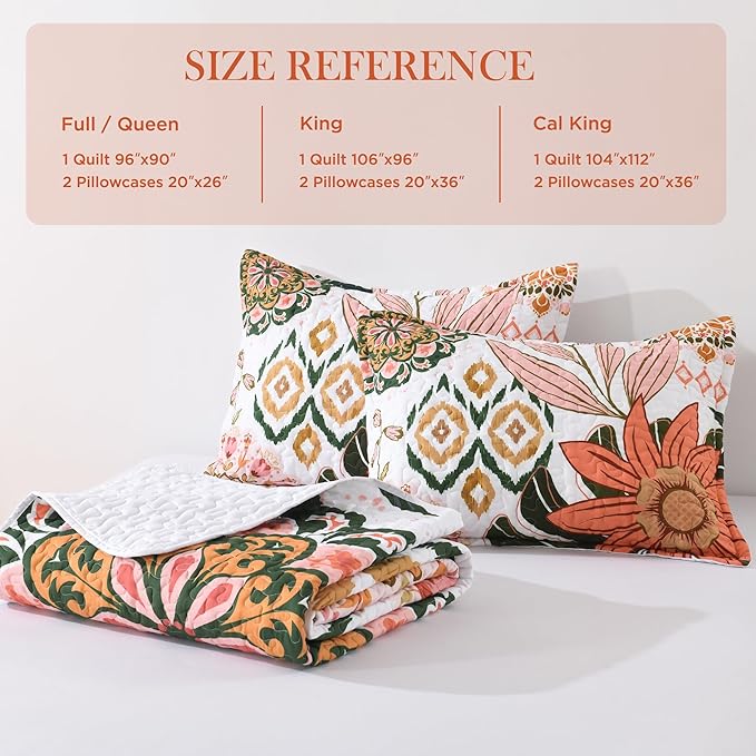 Andency Floral Boho Queen Quilt Bedding Set Pink, 3 Pieces Farmhouse Flower Botanical Summer Bedspreads with 2 Shams, Soft Reversible Lightweight Microfiber Coverlet Set for All Season, 90"x96"