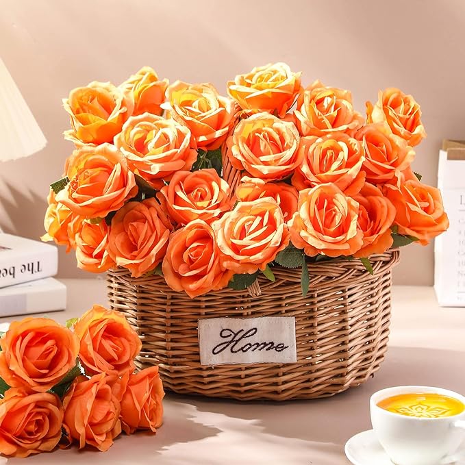 30 Pcs Rose Artificial Flowers in Bulk Real Touch Long Stem Silk Roses Bouquets Realistic Faux Flowers for Wedding Bridal Shower Home Decor Floral Arrangements Table Centerpiece(Orange)