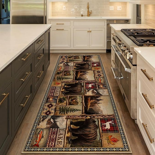 Vintage Rustic Bear Runner Rug for Hallway, Rustic Lodge Kitchen Runner 2x6 Non-Slip Cabin Decor Farmhouse Carpet for Hallways Kitchen Laundry Bedroom Bathroom Machine Washable Rugs Runners