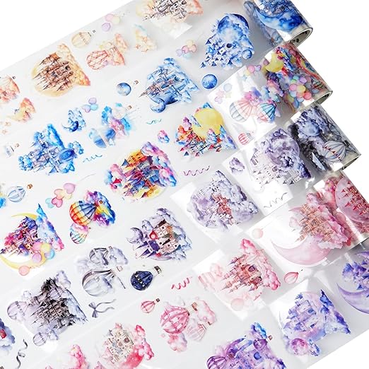 AuriicLeaf Cloud-Themed Pre-Cut PET Tape Set, 6 Rolls of Fantasy Castle and Balloon Stickers for Scrapbooking, Journaling, and DIY Craft Supplies