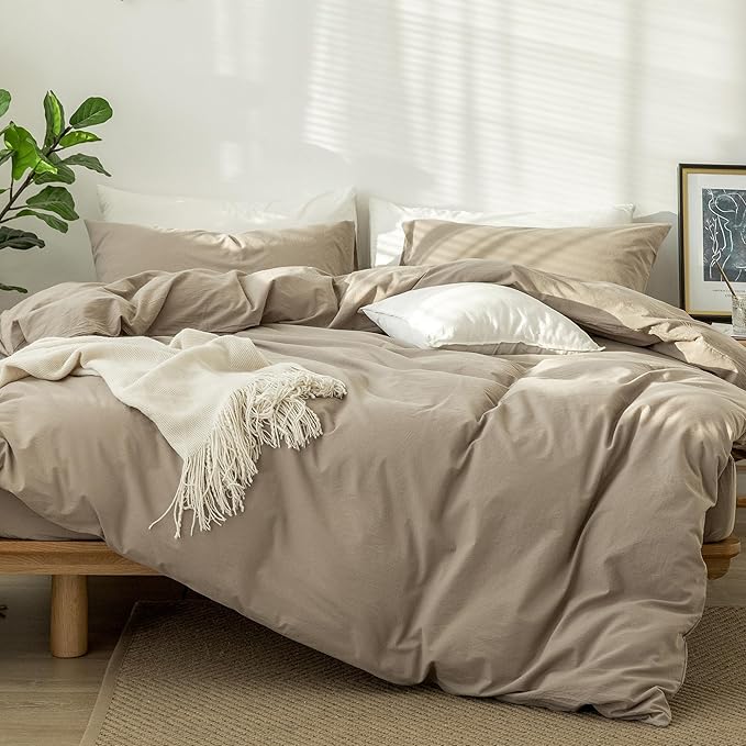 MooMee Bedding Duvet Cover Set 100% Washed Cotton Linen Like Textured Breathable Durable Soft Comfy (Solid Light Camel, Super King Plus 120"x120")